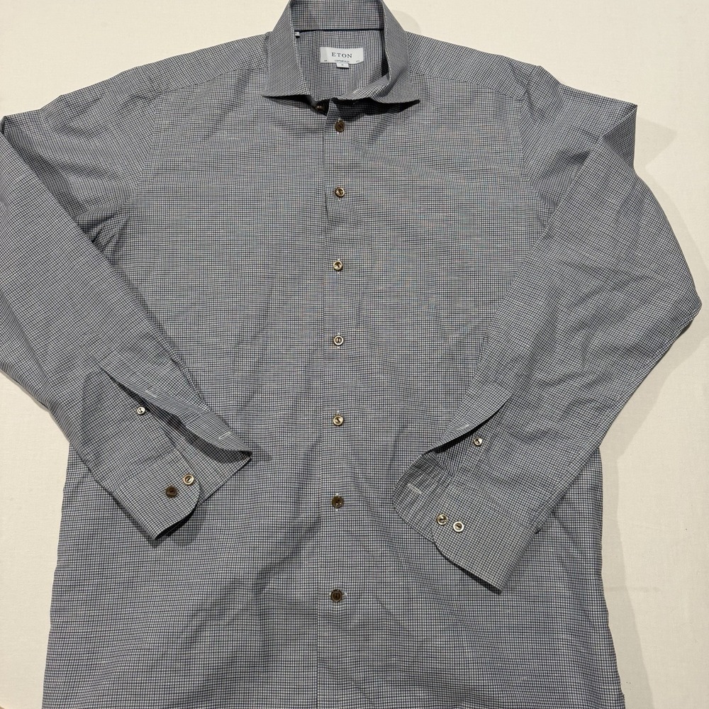 Eton Shirt Mens 17.5 44 XL Contemporary Fit Blue Brown Micro Check Long Sleeve